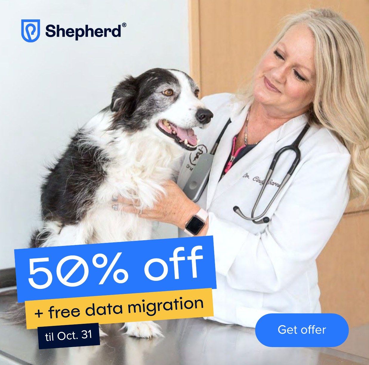 Shepherd fall offer ad with vet and dog