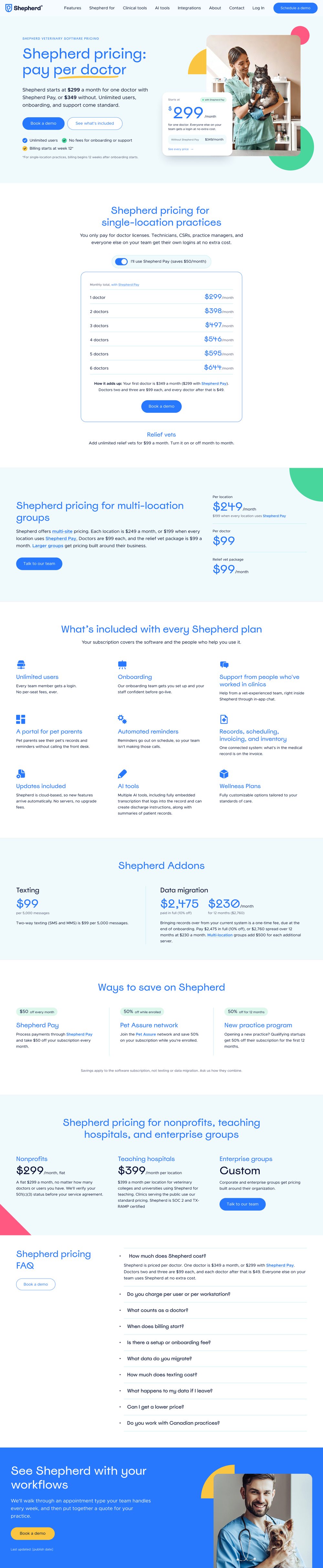 Shepherd veterinary software pricing landing page